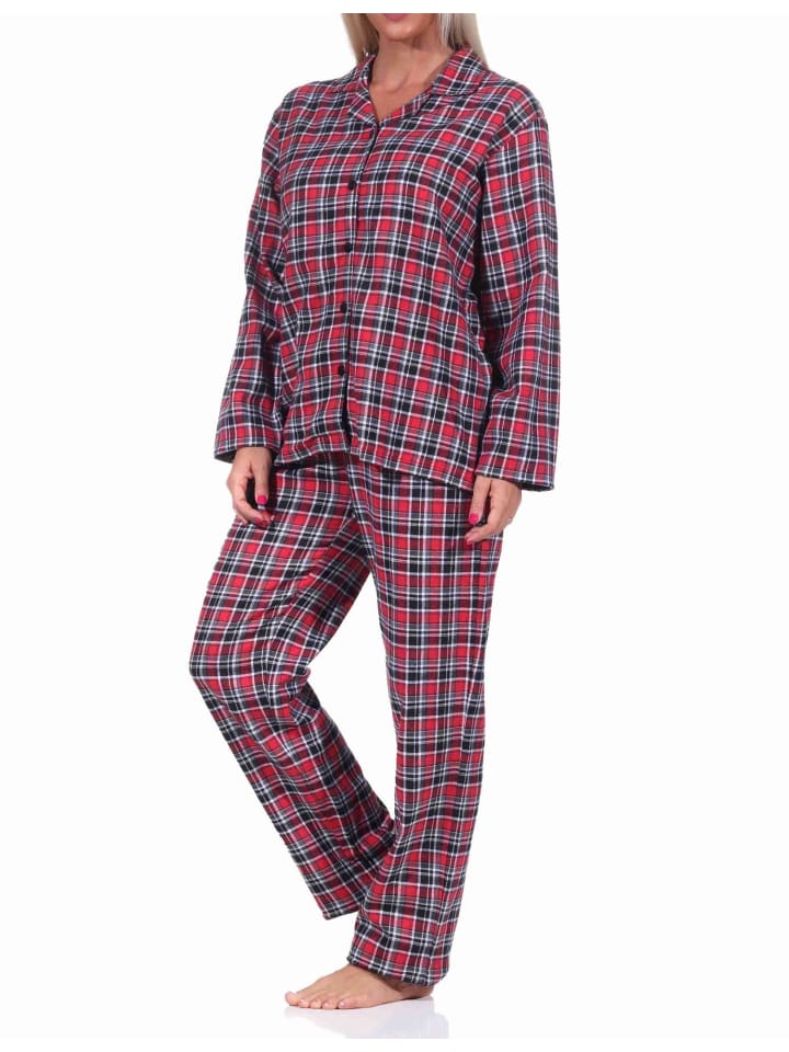 langarm Flanell Schlafanzug Pyjama Set kariert - 70879 in rot