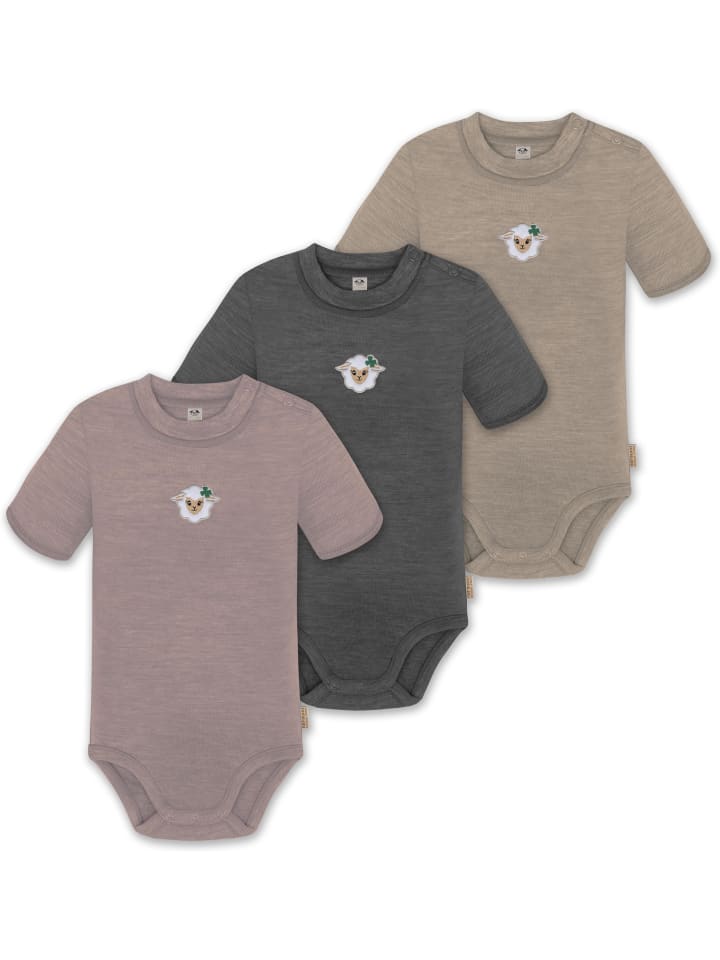 3er Set Unisex Baby Merino Kurzarm-Strampler Kurzarm Body mit Knopf in Beige/Anthrazit/Rosa
