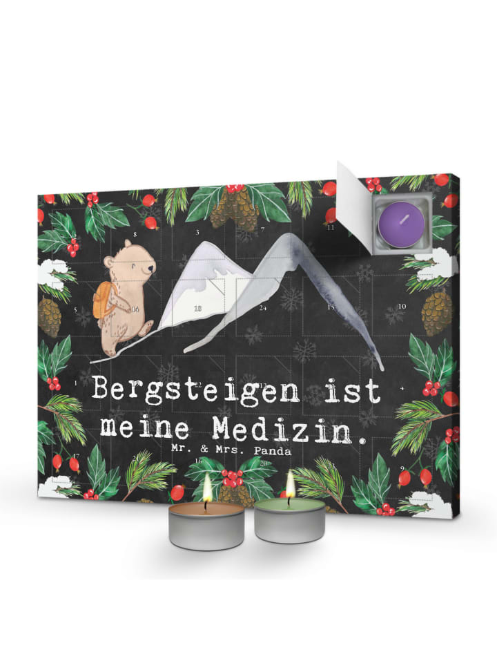Adventskalender Bär Bergsteigen mit Spruch in Kreidetafel