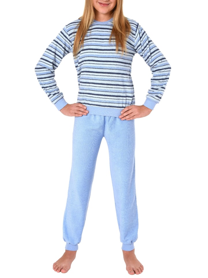 Frottee Pyjama Schlafanzug langarm Bündchen - 50657 in hellblau