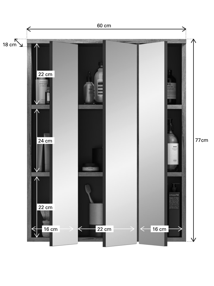 Spiegelschrank in Nox Oak Nachbildung/Spiegelglas - (B) 60 x (H) 77 x (T) 18