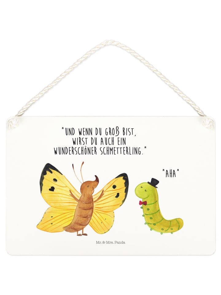 Schild Raupe Schmetterling mit Spruch in Weiß