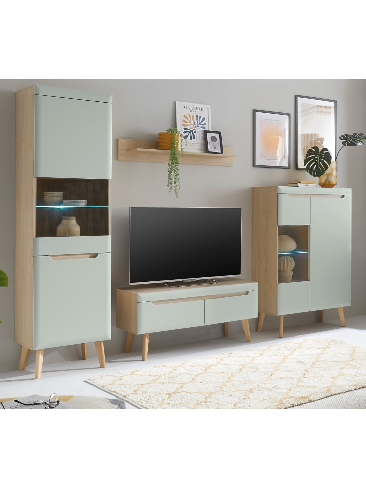 Wohnwand 4-teilig Pistazie grün, Eiche skandinavisch 290 cm, Set mit Soft-Close