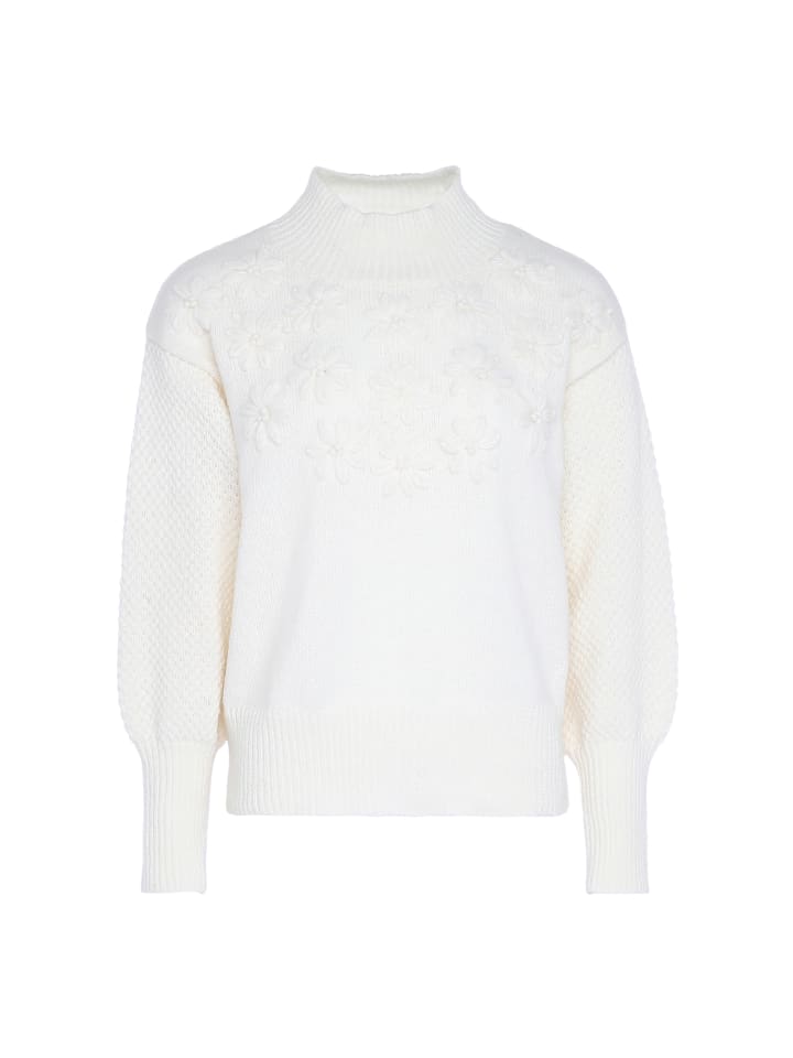 Damen Pullover Mit Blumenstick in WOLLWEISS