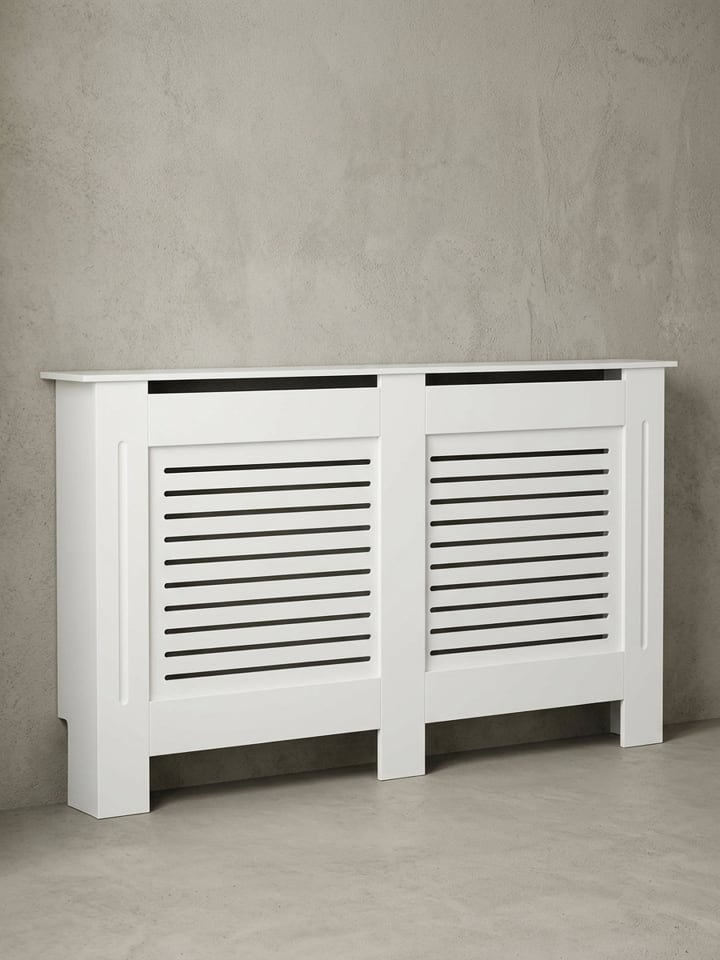 Moderne Heizkörperabdeckung mit Lamellenmuster, elegante Lösung, Weiß