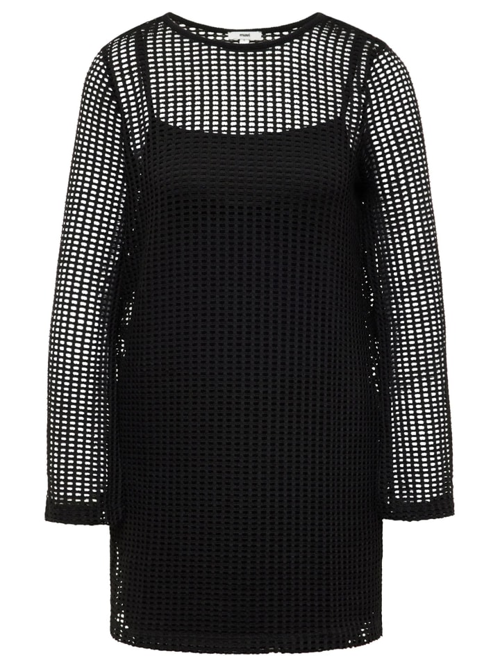 2-Lagiges Langarm Mesh Kleid DRESS in Schwarz