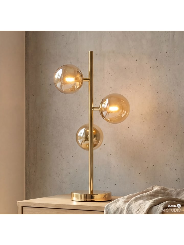 home24 3-flammige Tischleuchte aus Glas und Eisen im modernen Stil in Messing
