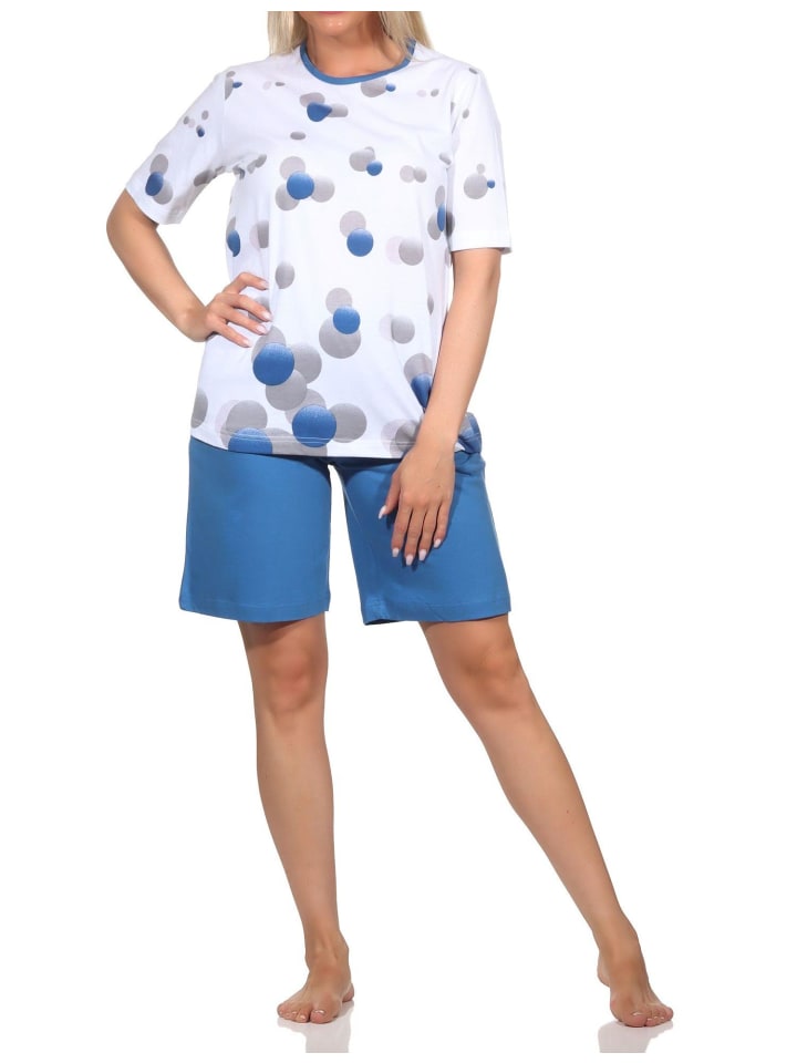 Kurzarm Schlafanzug Shorty Pyjama Tupfen Punkte Look in blau