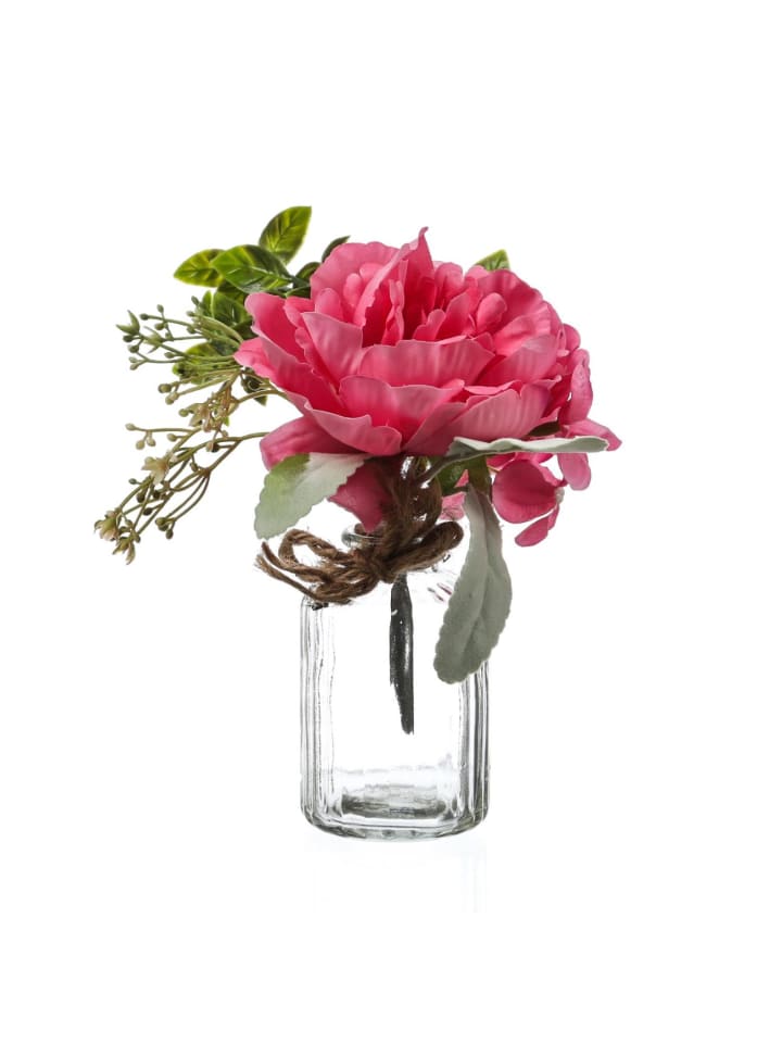 Kunstblumenstrauß Pfingstrose und Hortensie in Mini Glasvase in pink