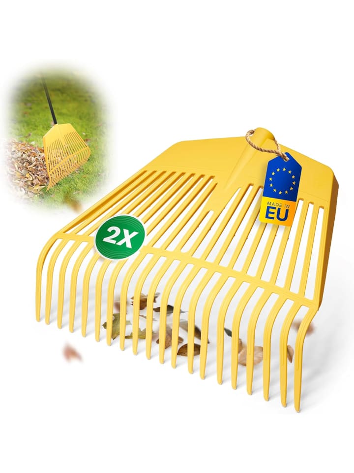 Novatool 2x Laubbesenkopf Set, 2in1 Kombigerät, Laubbesen & Laubgabel in Gelb