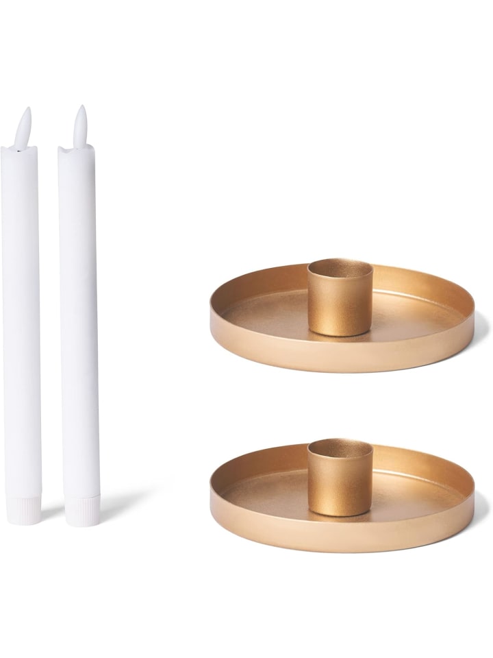 2X Kerzenständer Stabkerzen rund Metall Durchmesser 6cm Gold mit LED-K in Gold