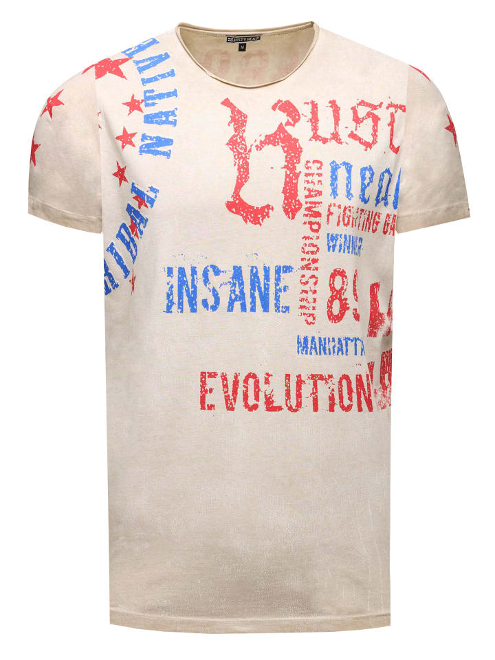 Vintage Herren Oil Wash T-Shirt mit Front- & Backprint, Raw Edge in Beige