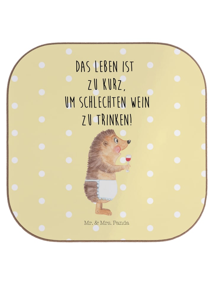 Tassen-Untersetzer Igel Wein mit Spruch in Gelb Pastell