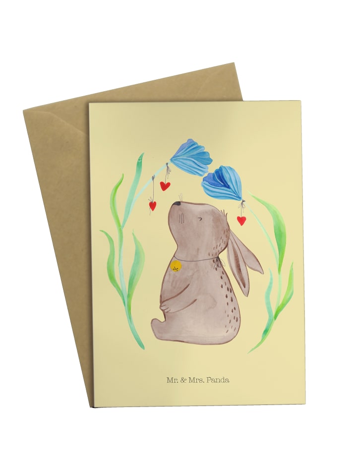 Glückwunschkarte Hase Blume ohne Spruch in Gelb Pastell