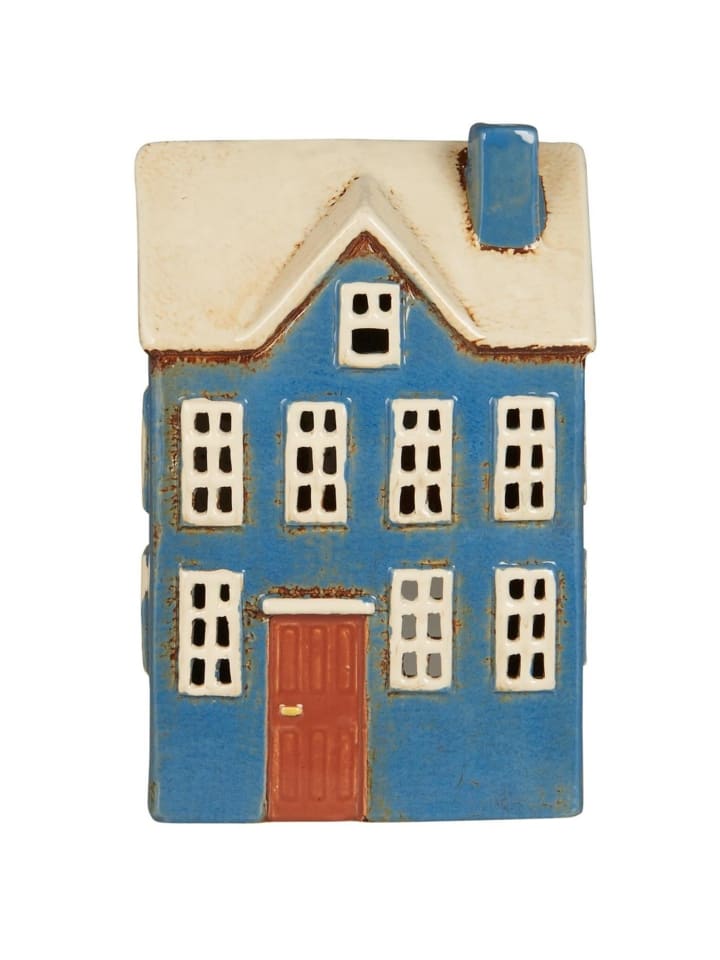 Keramikhaus für Teelicht Nyhavn blau mit brauner Tür in blau