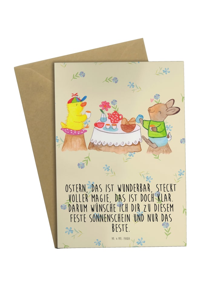 Grußkarte Ostern Frühstück mit Spruch in Blumig