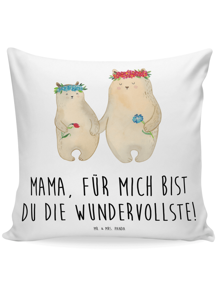 40x40 Kissen Bären mit Blumenkranz mit Spruch in Weiß