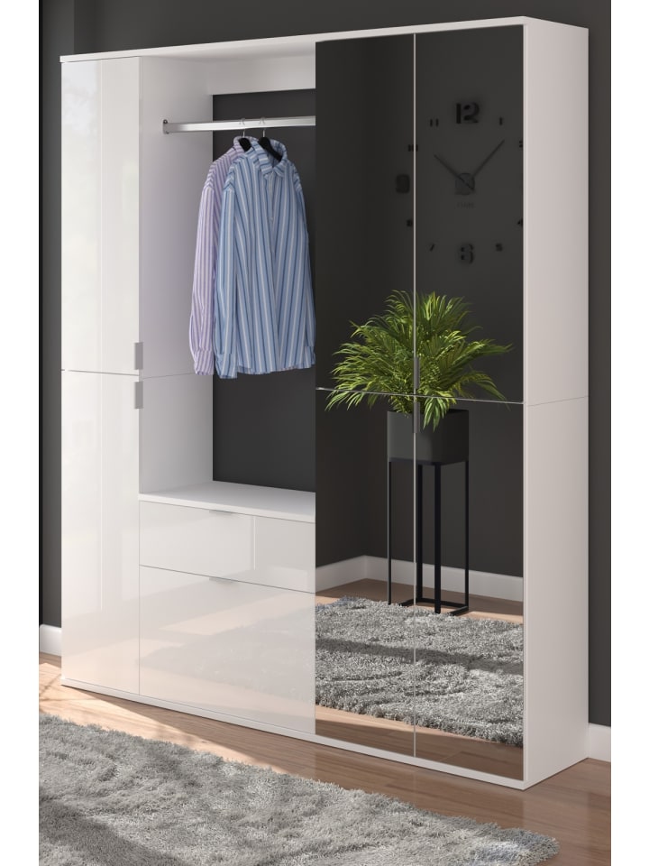 Garderobenschrank weiß Hochglanz 152 cm mit Spiegeltüren, Garderobenset