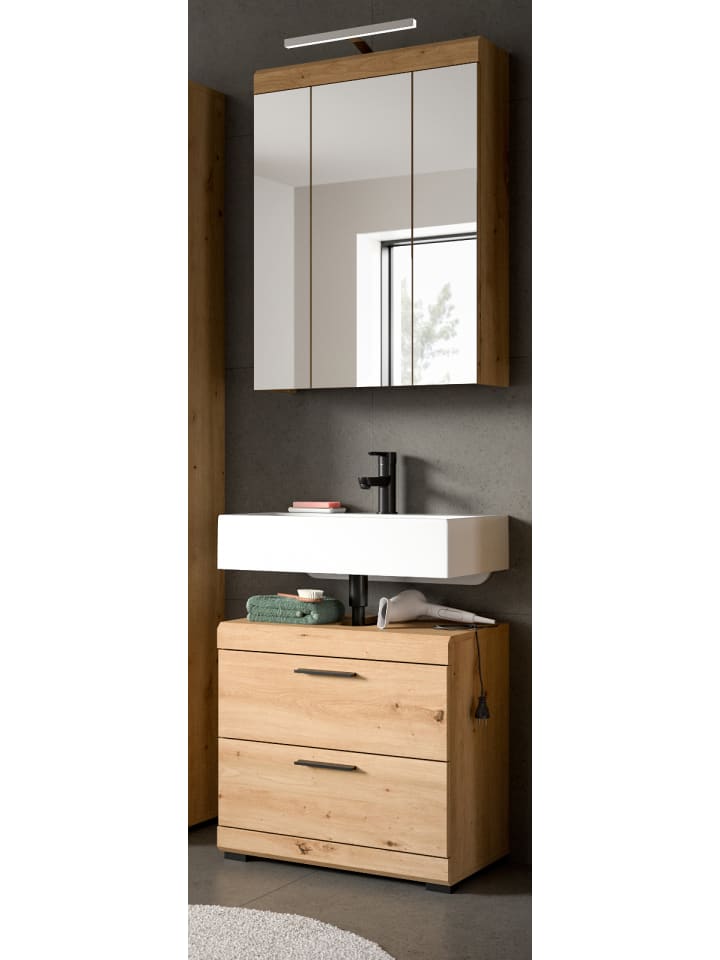 Badmöbel-Set in Eiche Artisan 60 cm 2-teilig, Badezimmerschrank auf Rollen