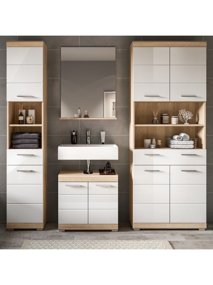 Badmöbel-Set weiß Hochglanz, Eiche 4-teilig 186 cm, viel Stauraum