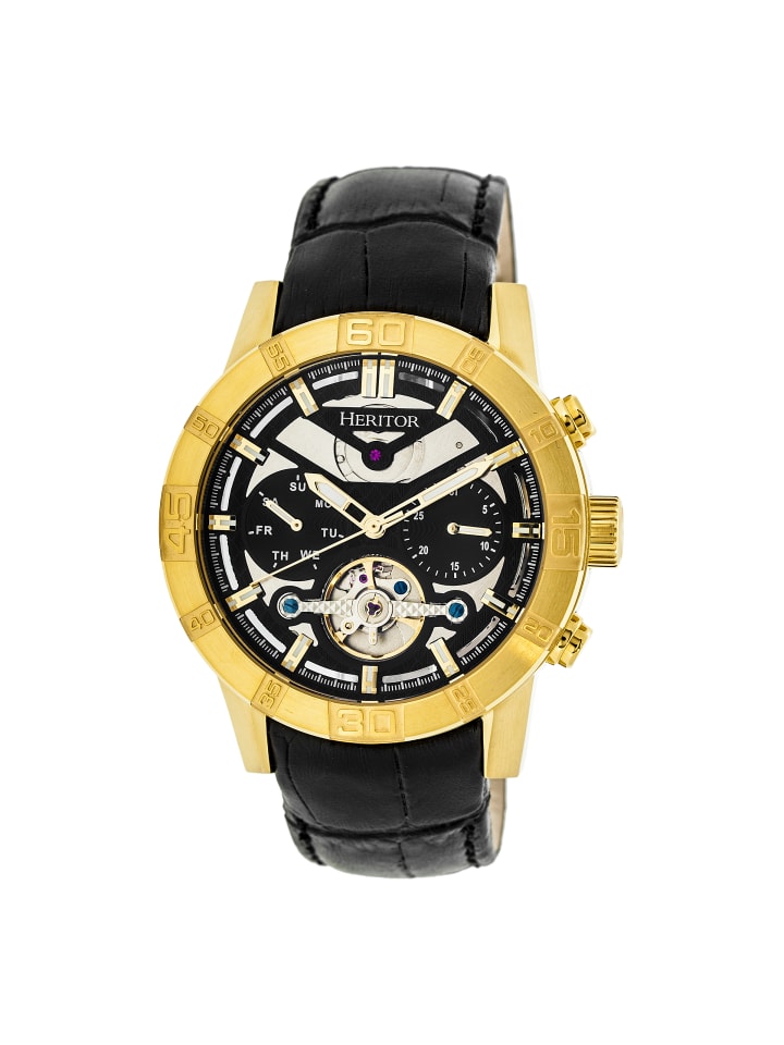 Hannibal Halbskelett-Uhr mit Lederarmband in Gold/Black