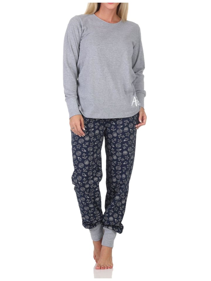 Langarm Pyjama Schlafanzug Bündchen Maritimer Look in grau