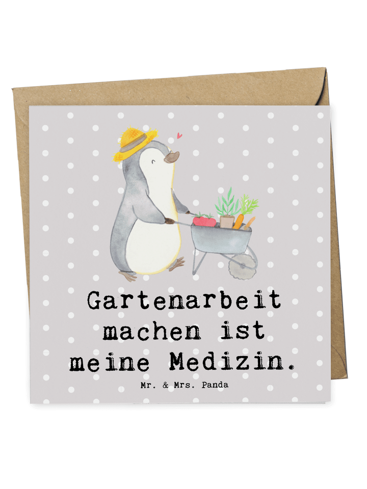 Deluxe Karte Pinguin Gartenarbeit mit Spruch in Grau Pastell