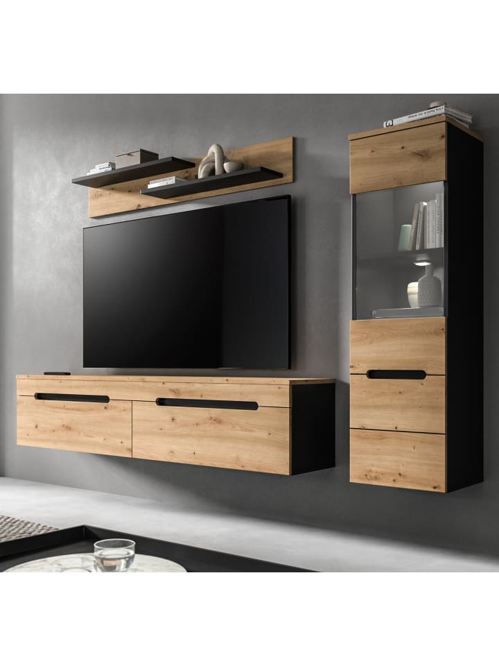 Wohnwand Eiche Artisan, grau, Kombination 3-teilig 220 cm hängend oder stehend