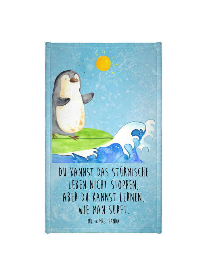 Handtuch Pinguin Surfer mit Spruch in Eisblau