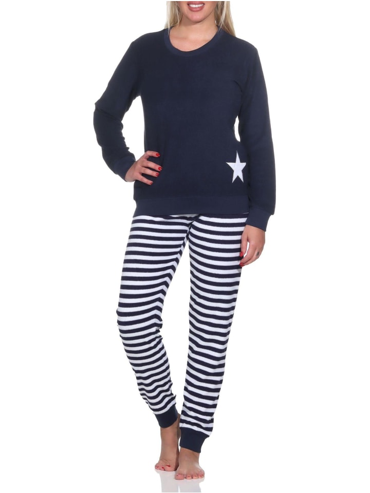 Frottee Schlafanzug langarm Bündchen Sterne - 82688 in navy