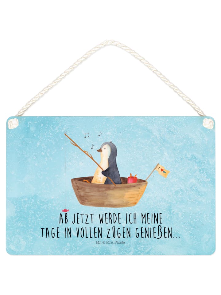 Dekobrett Pinguin Angelboot mit Spruch in Eisblau