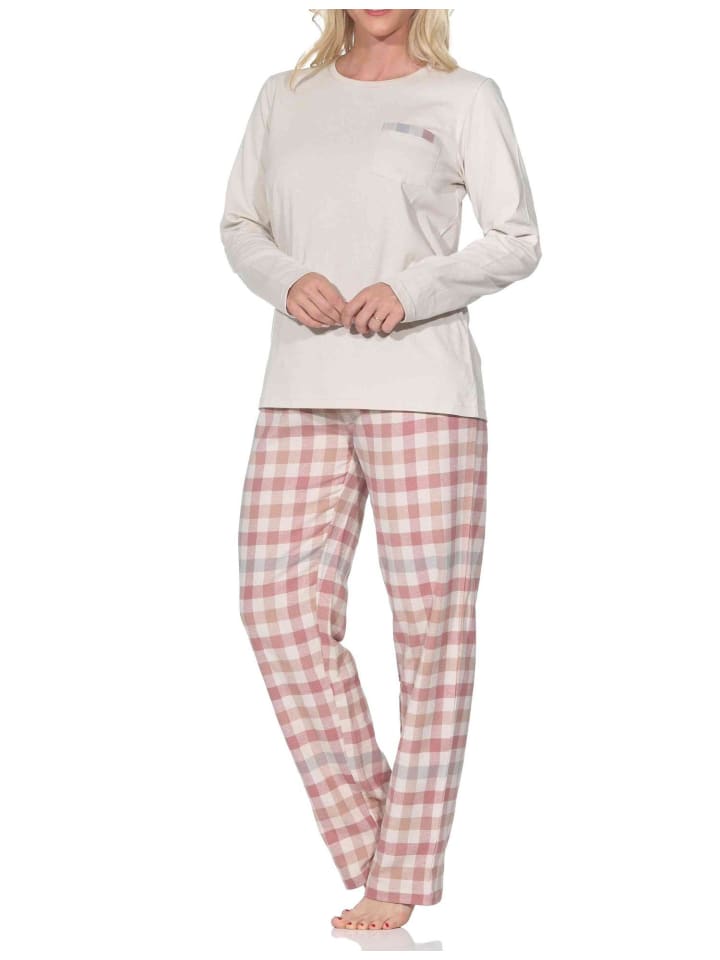 Schlafanzug langarm karierte Flanell Pyjamahose in creme