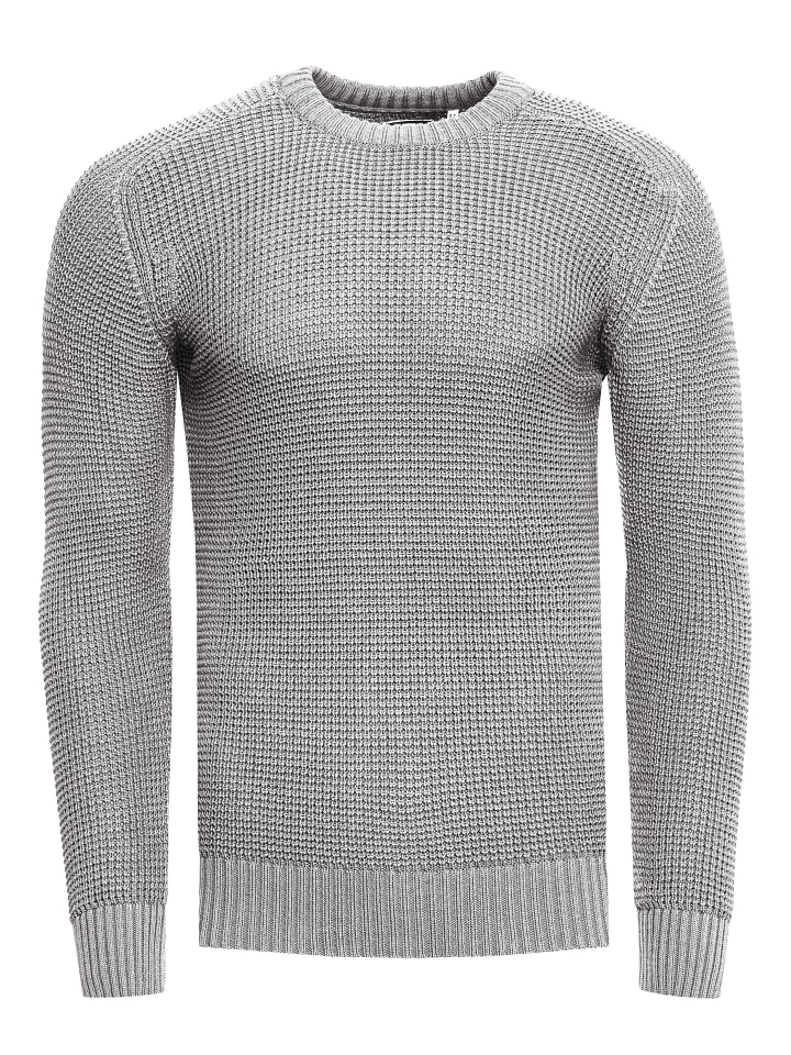Grobstrick Slim Fit Rundhals-Pullover in Grau