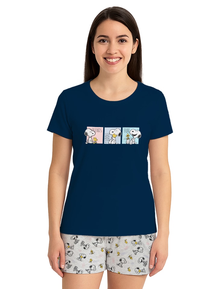 Peanuts Snoopy Schlafanzug Pyjama Set Kurzarm Oberteil mit Shorts in blau/grau