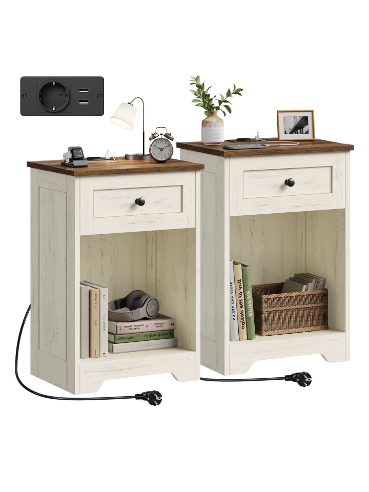 2er-Set: Nachttisch Siren in Wolkenweiß-Erdbraun - (B)40 x (H)59 x (T)30 cm
