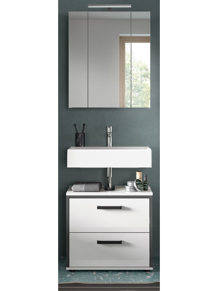 Badmöbel-Set 2-teilig weiß Hochglanz, grau, Badkombination 60 x 190 cm