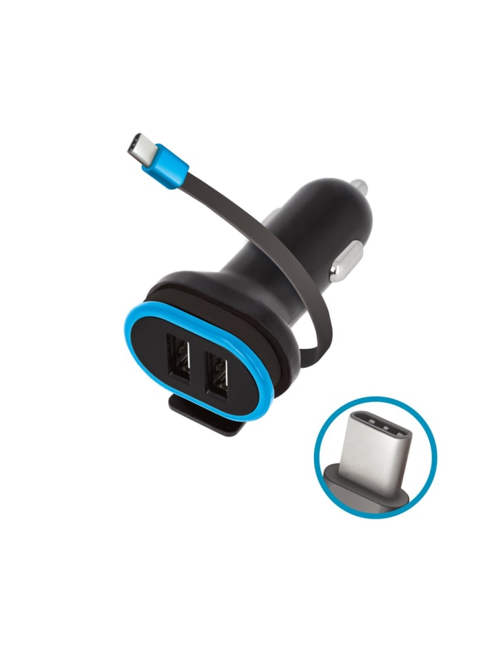 Forever CC-02 Auto-Ladegerät 2x USB 3A schwarz mit USB-C-Kabel 0,2 m