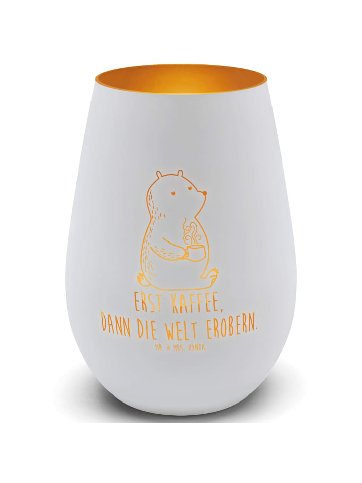 Kerzenständer Bär Kaffee mit Spruch in Weiß