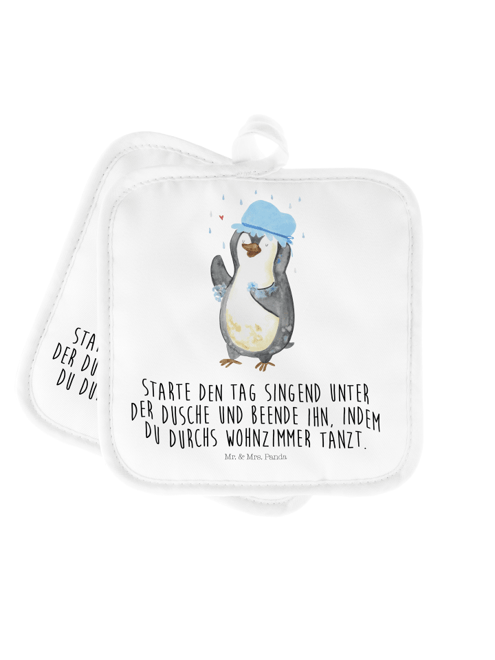 Topflappen Pinguin Duschen mit Spruch in Weiß