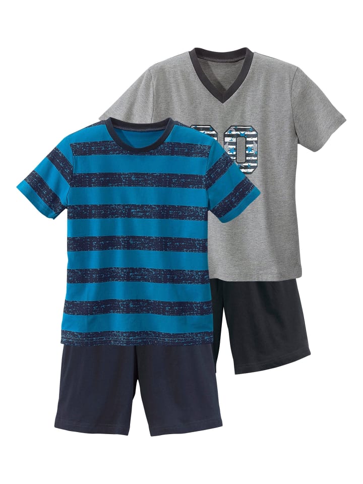 Pyjama in türkis-gestreift, grau-meliert