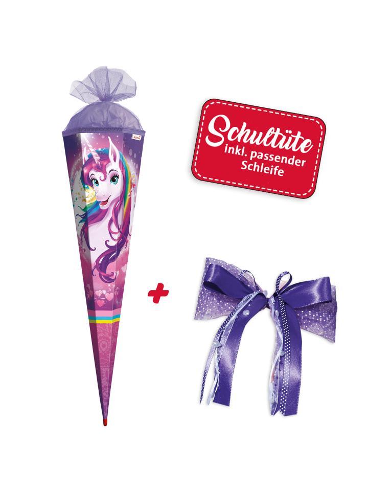 Set Schultüte groß Einhornportrait 85 cm mit Schleife in Bunt