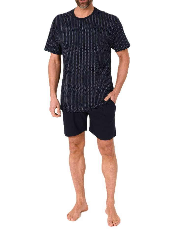 kurzarm Schlafanzug Shorty Pyjama Streifen in blau