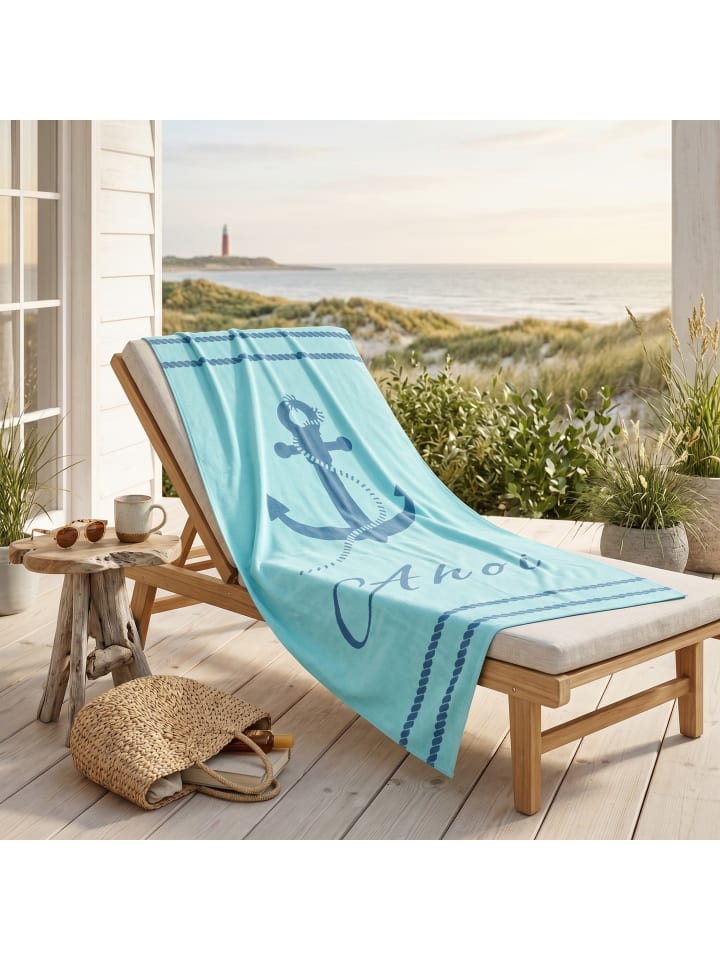 Badetuch / Strandtuch "Anker Ahoi" in Türkis