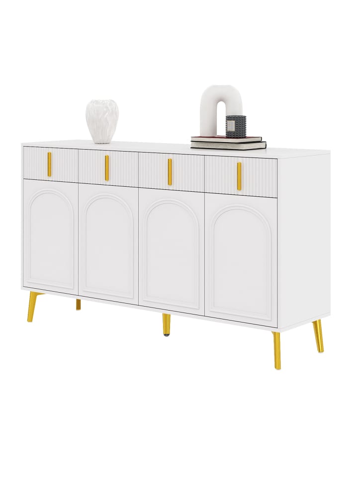Sideboard in Weiß mit 4 Schubladen und 4 Türen 140x37,8 cm und Gold Akzenten