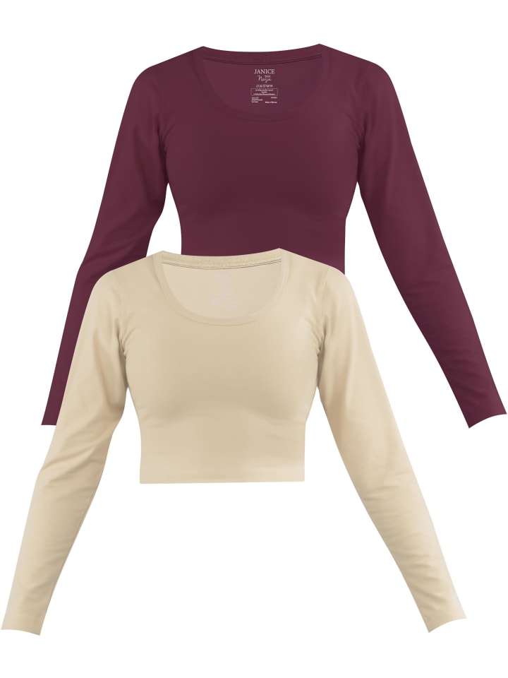 2 x Damen crop Langarmshirt Nerja in Beige/Burgund