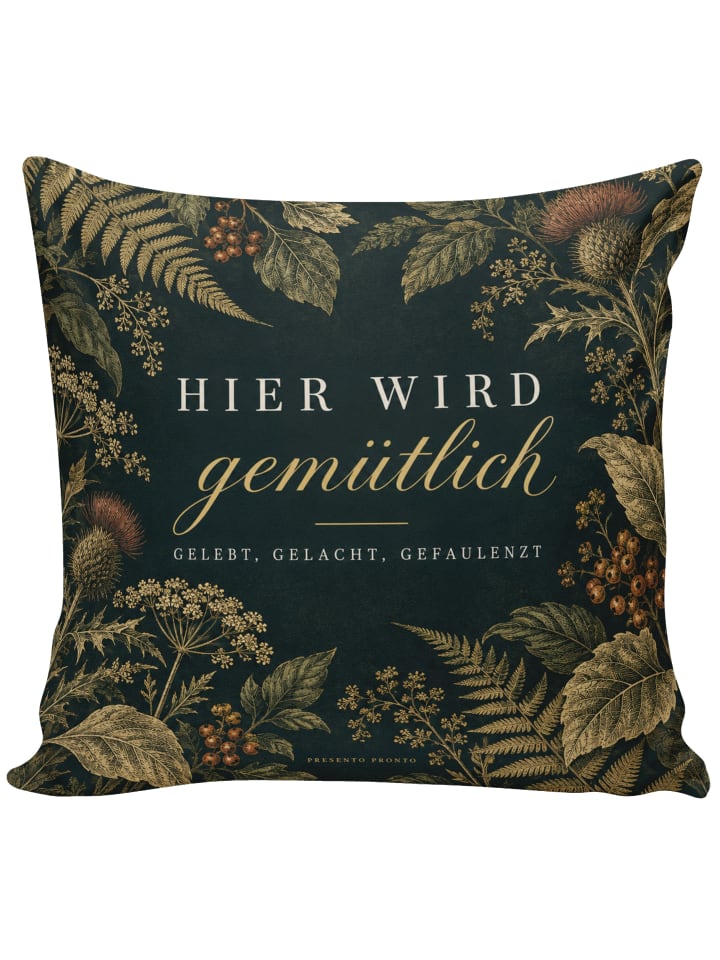 Kissen Blätterkranz Dunkel Design mit Spruch in Weiß