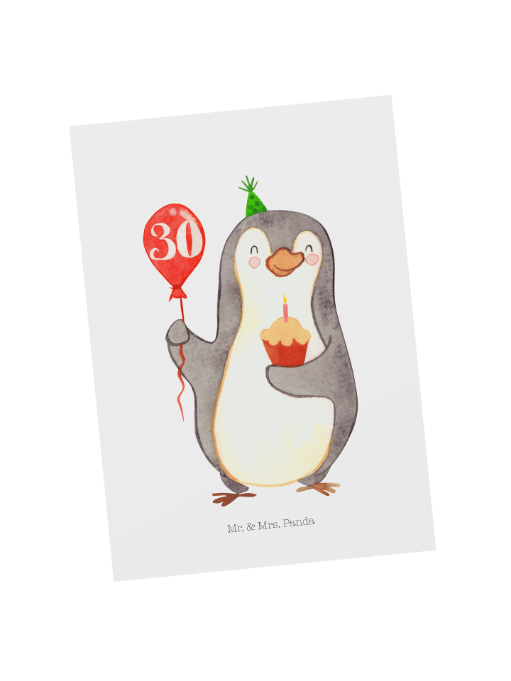 Postkarte 30. Geburtstag Pinguin Luftballon ohn... in Weiß