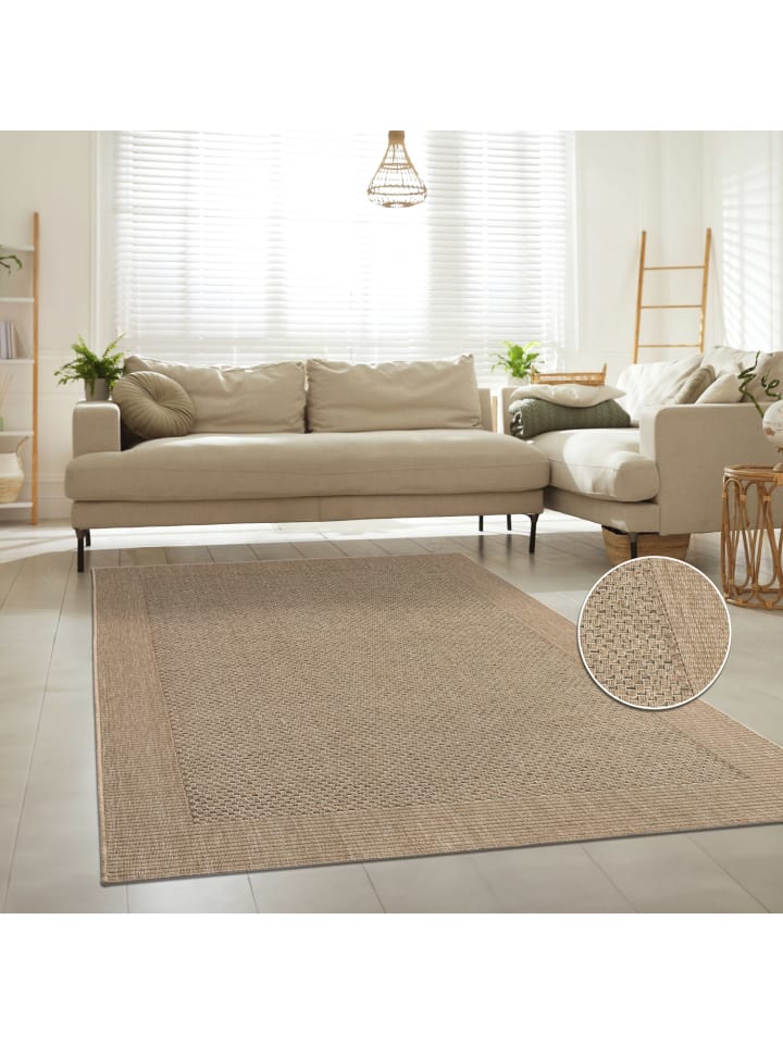 Teppich Kurzflor Unifarben Bordüre Wohnzimmer schmutzabweisend in Beige