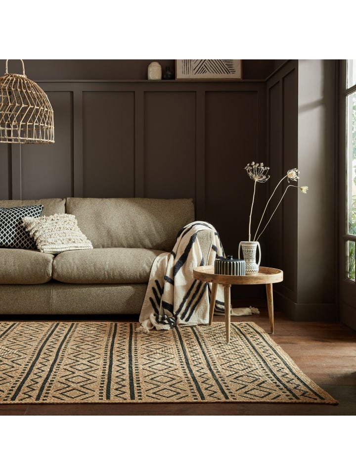 Juteteppich handgewebt, geometrisches Muster, Boho-Stil