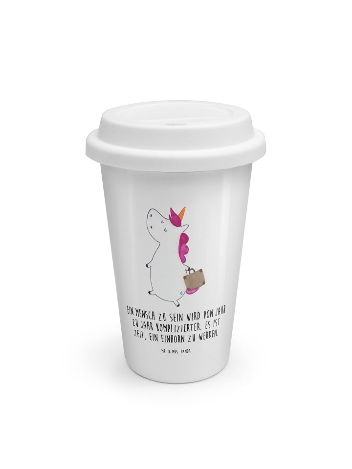 Thermobecher Einhorn Koffer mit Spruch in Weiß